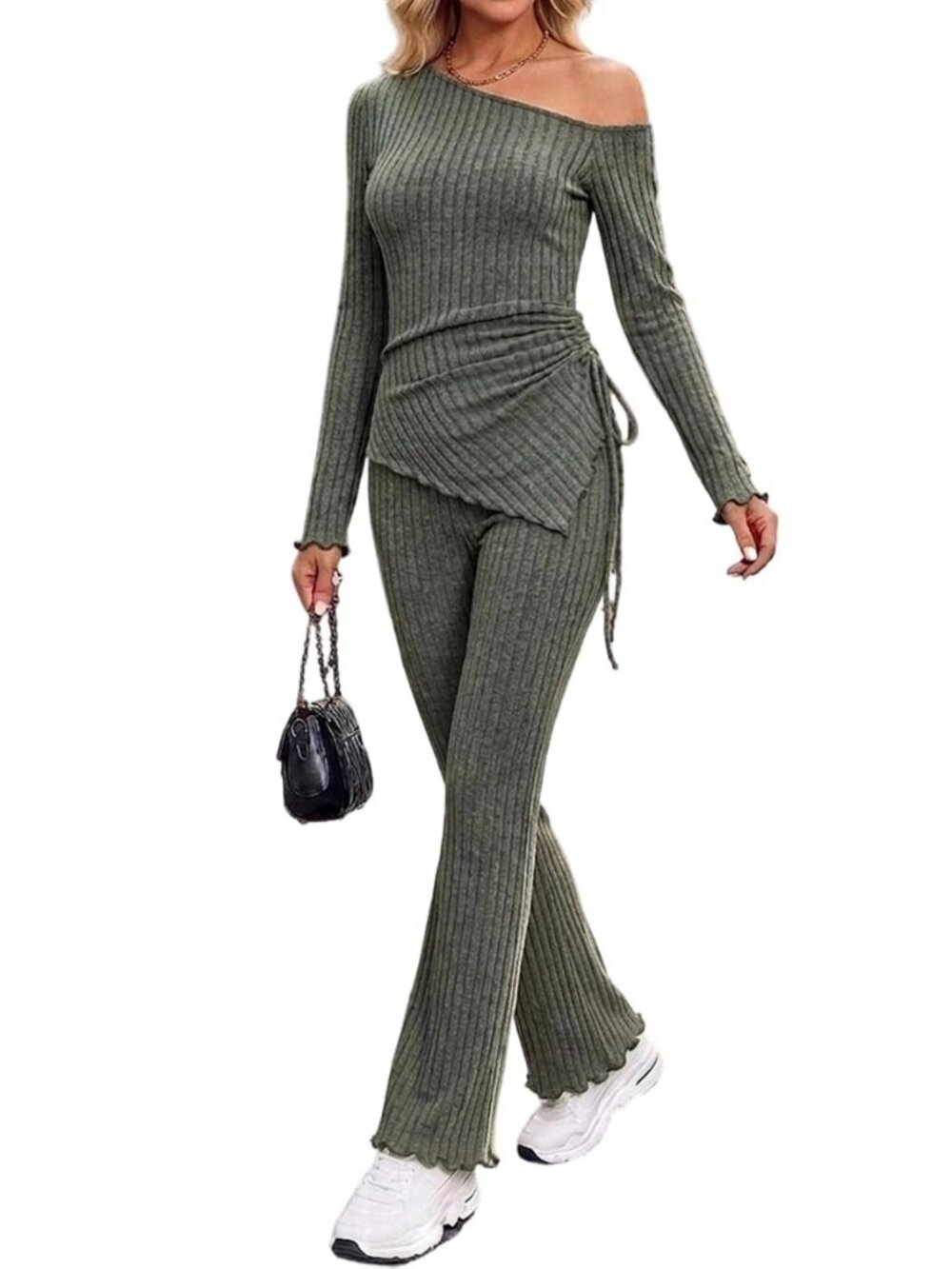 Women 2 Piece Outfits Off Shoulder Top Pants Ribbed Lounge Set